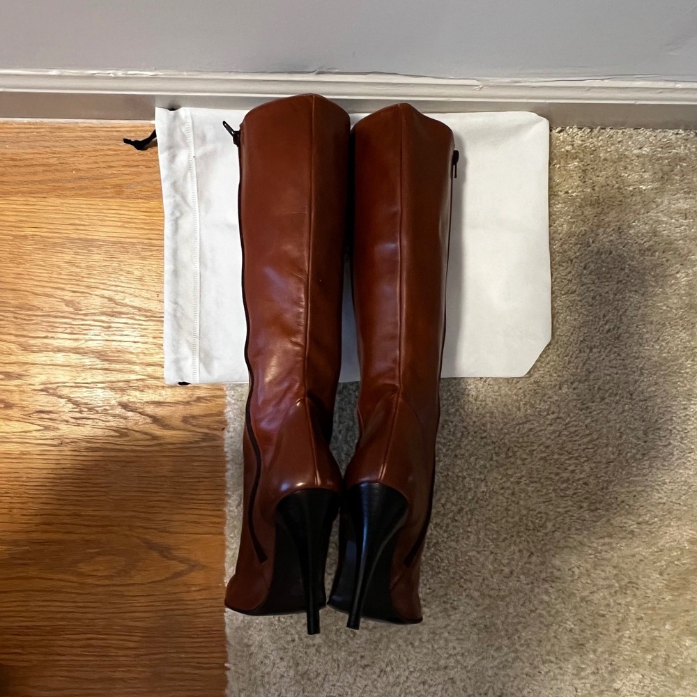 Vintage Charles David Italy Brown Leather Pointed Toe Stiletto Knee Boots 7.5 - Picture 3 of 7